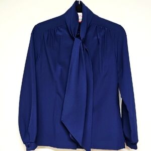 Vtg Lee Mar Pageant Navy Blue Women's Tie Neck Button Up Blouse Size 10, LS